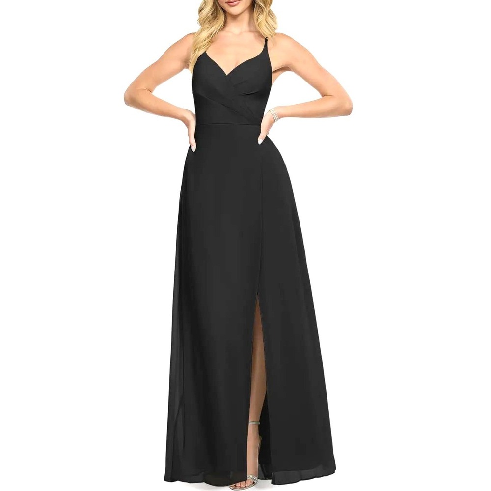 Azazie Davis Bridesmaid Dress Black Chiffon Floor‎ Length Gown with Slit Size C